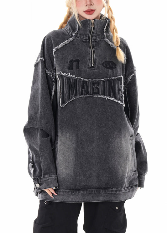 Chic Grey Oversized Stand Collar Embroidered Denim Pullover Coats Spring