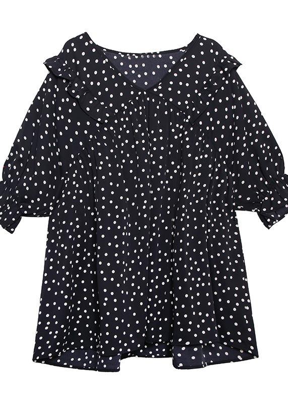 Beach white dotted chiffon clothes plus size Sleeve v neck Ruffles Love tops