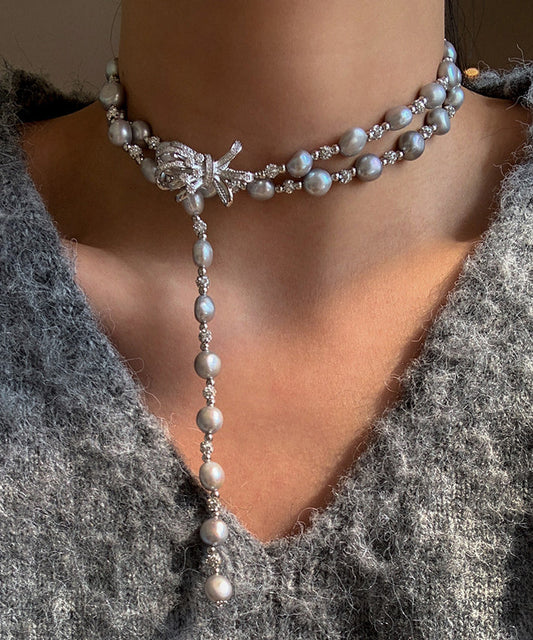 Elegant Grey Bow Multi-layer Pearl Necklace