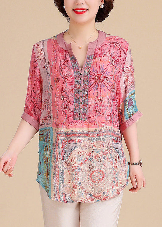 Plus Size V Neck Print Cotton Blouse Tops Summer