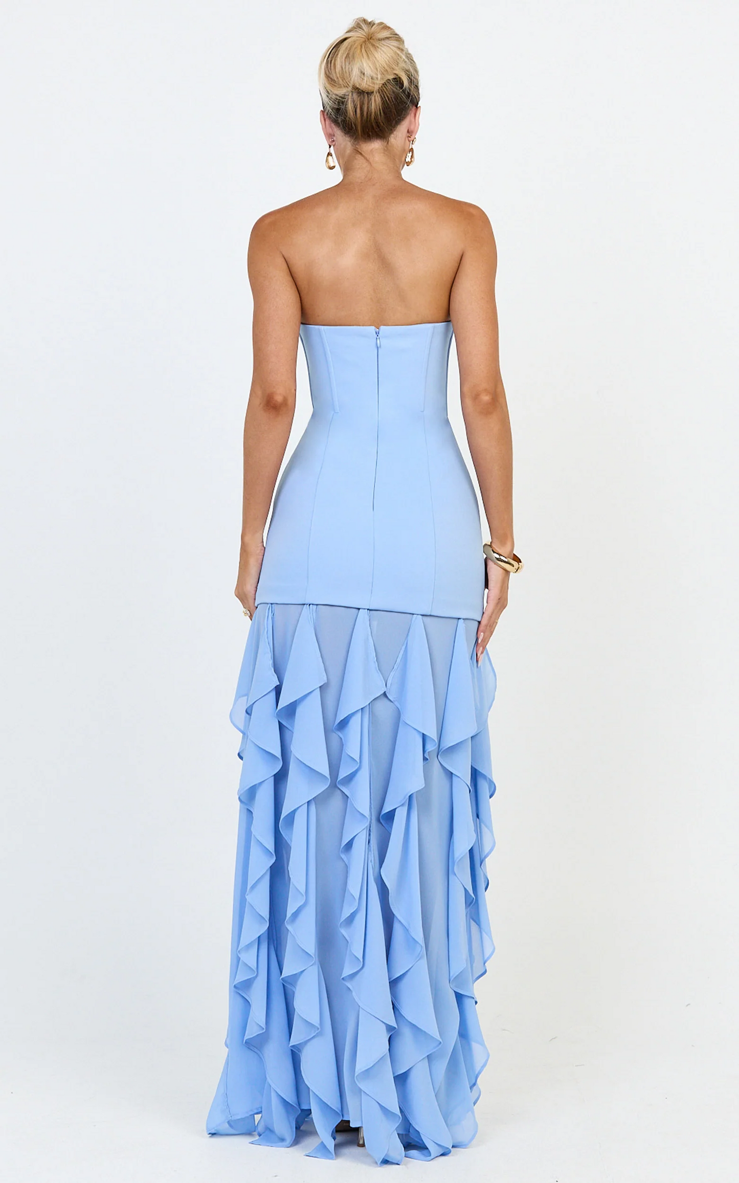 Light Blue Strapless Ruffled High-Slit Maxi Dress