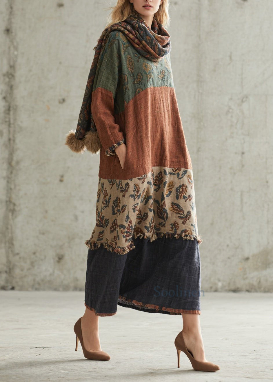 Plus Size Colorblock Print Patchwork Cotton Dresses Fall