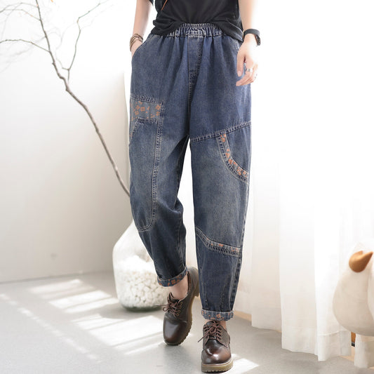 Women Autumn Loose Retro Patchwork Cotton Jeans