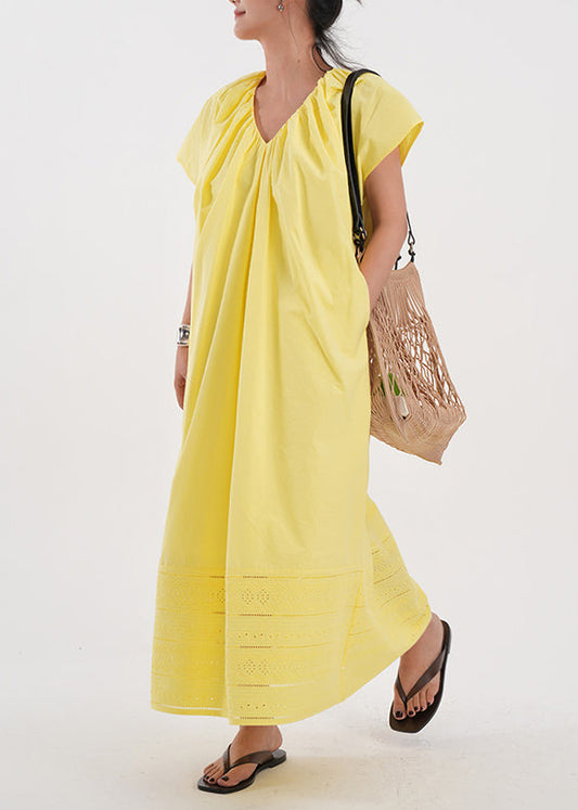 Classy Yellow Embroidered Hollow Out Cotton Holiday Dress Summer