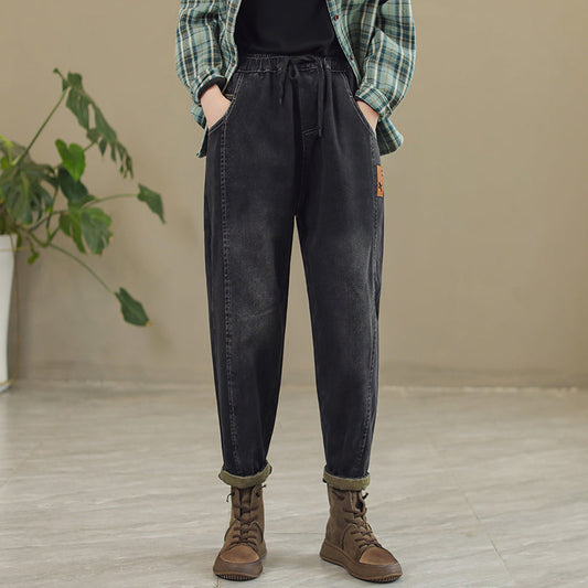 Women Retro Patchwork Winter Fur Harem Jeans