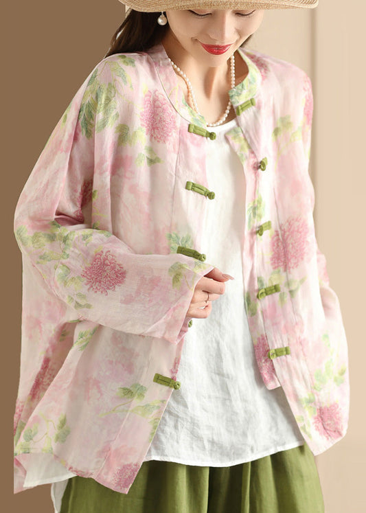 Vintage Pink Oversized Print Linen Oriental Shirt Top Summer