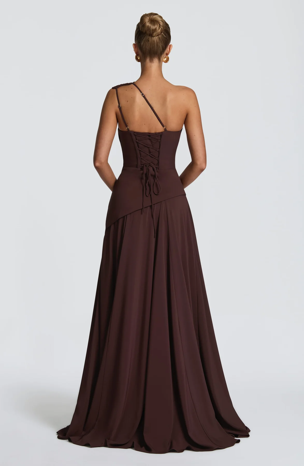 Chocolate Brown One-Shoulder Draped Ruched Lace-Up Maxi Evening Gown