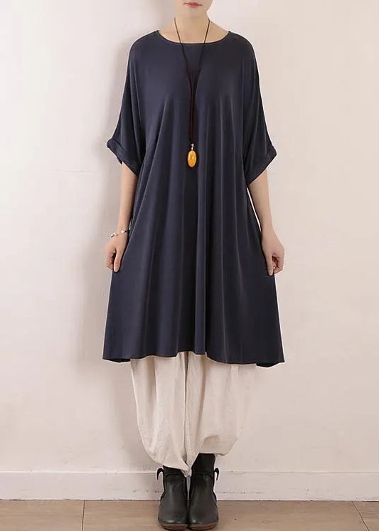 Elegant o neck large hem silk Tunics Boho design blue Art Dress Summer
