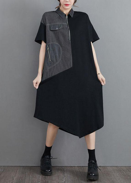 Classy Grey Patchwork Peter Pan Collar Pockets Long Summer Cotton Dress