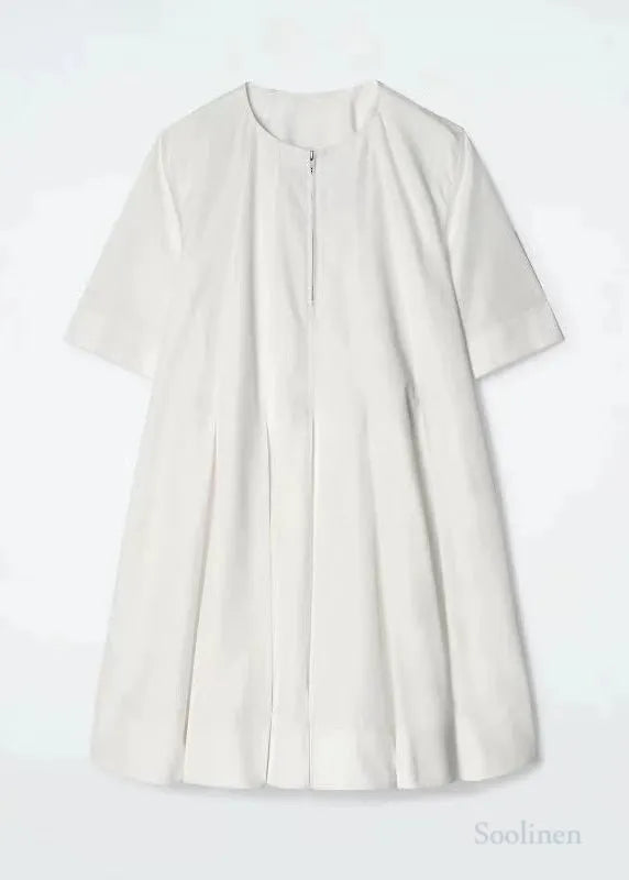 Plus Size White Zip Up Cotton Day Dress Half Sleeve
