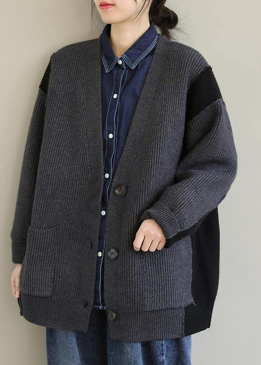 For Gray Knitted Pullover V Neck Button Downfall Fashion Knit Ssweat Tops