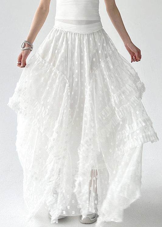 Stylish White Ruffled Elastic Waist Tulle Skirts Summer