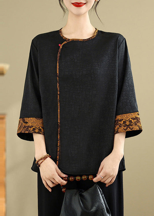 Vintage Black Oversized Patchwork Silk Blouses Bracelet Sleeve