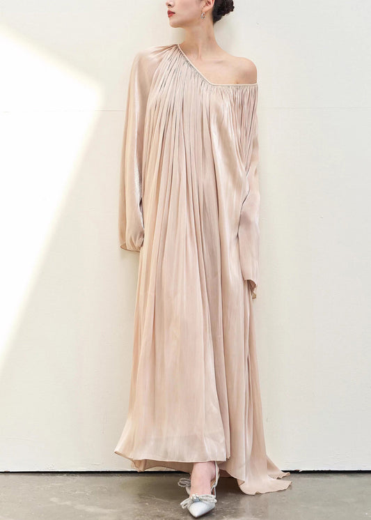Elegant Pink V Neck Wrinkled Silk Maxi Dresses Fall