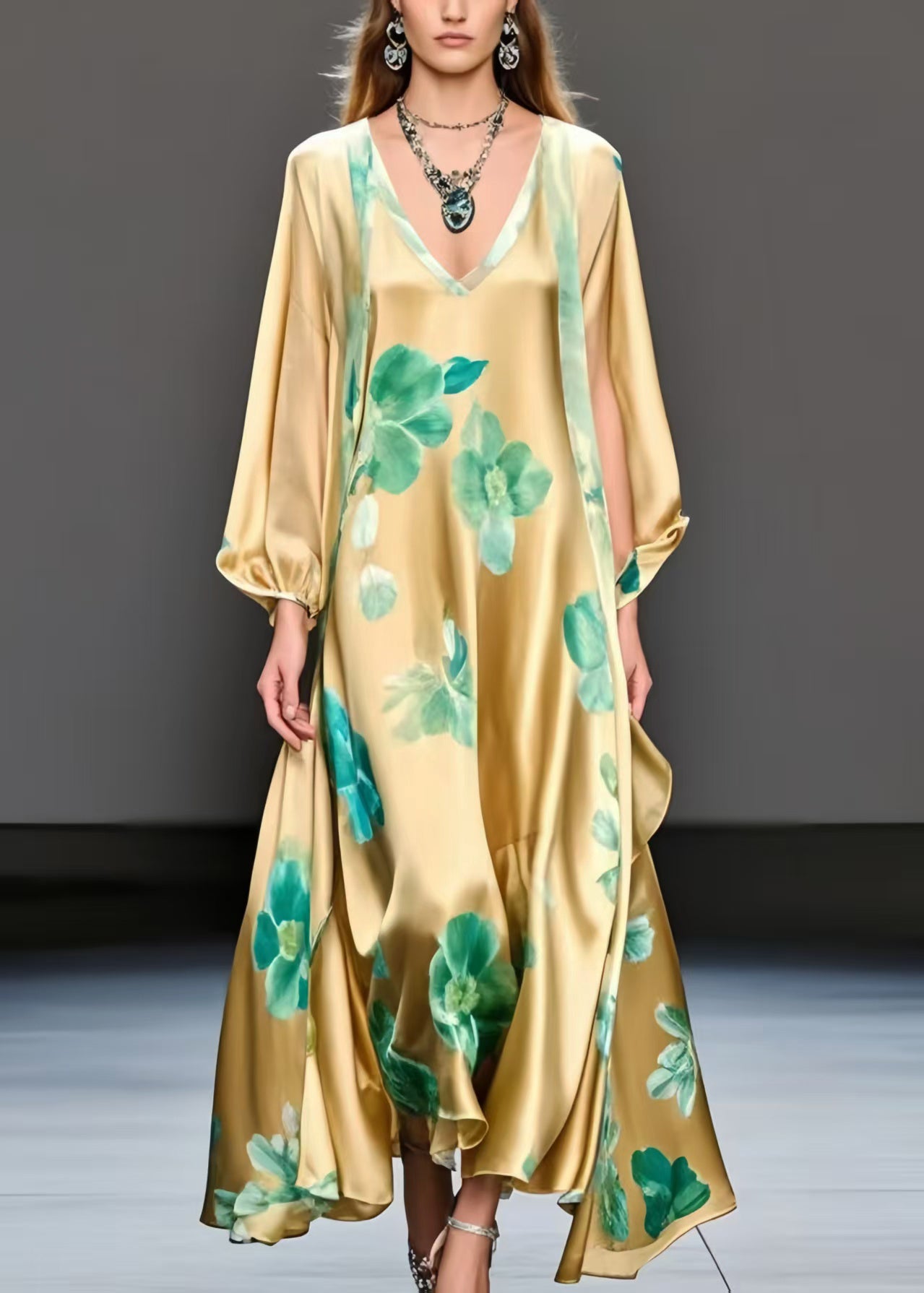 Fine Yellow Oversized Print Silk A Line Dress Spring
