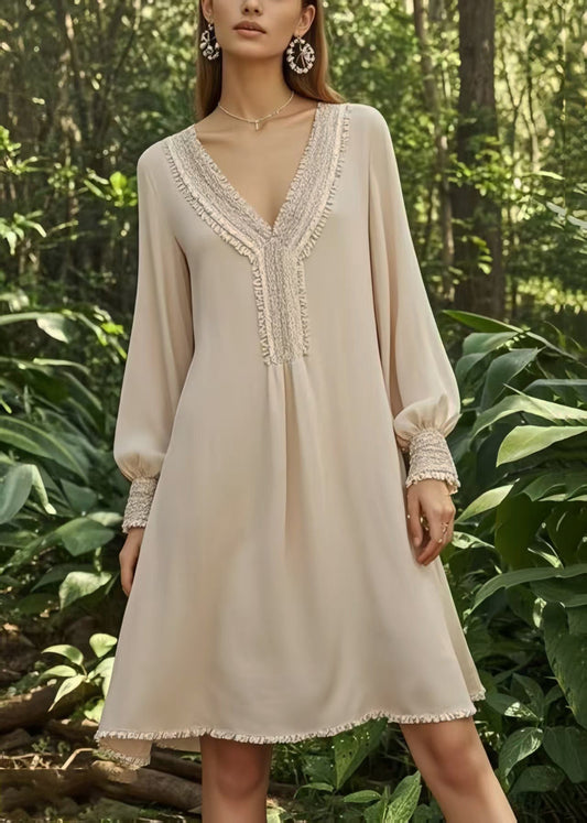 Handmade Apricot V Neck Draping Chiffon Day Dress Spring