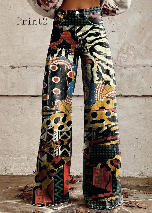 Print Pockets Loose Denim Wide Leg Pants High Waist Spring
