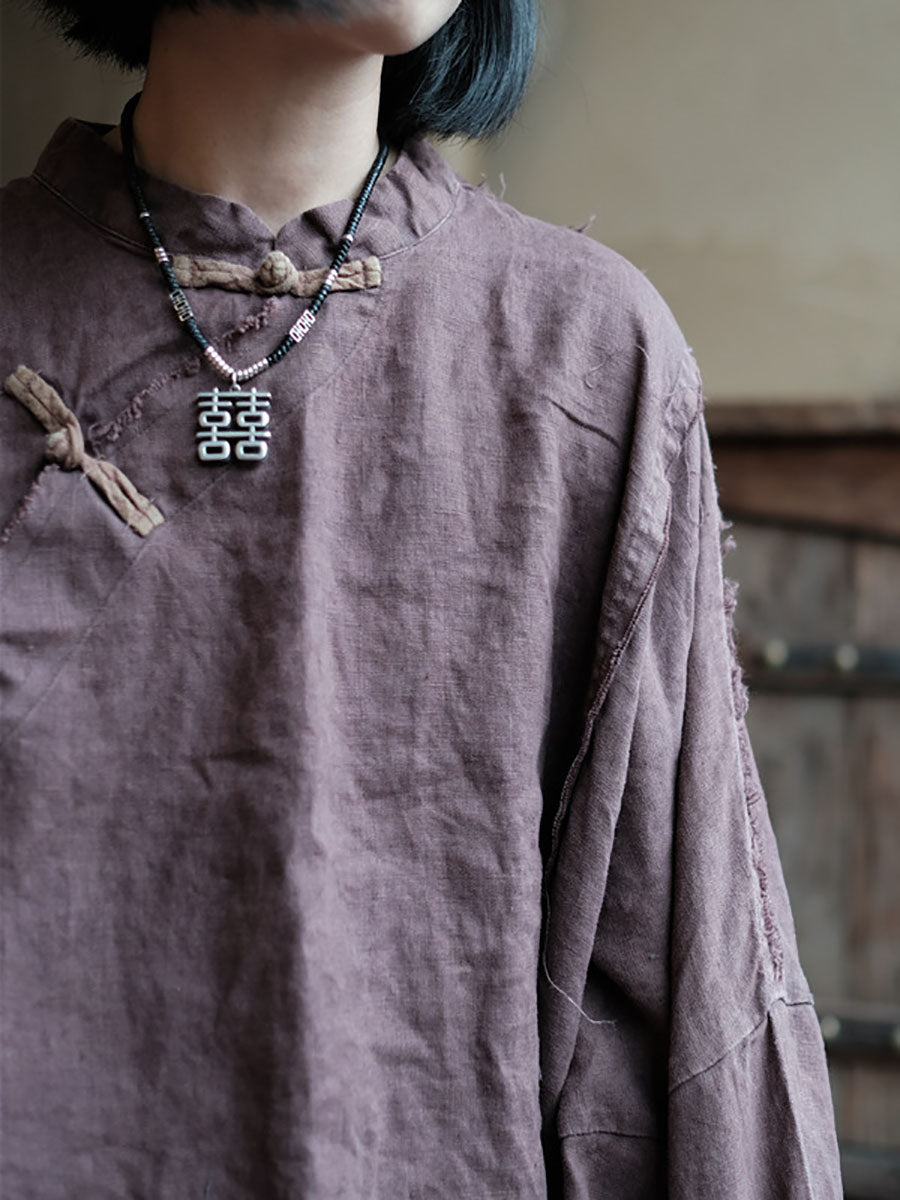 Women Chinese Style Vintage Burrs Button Linen Dress
