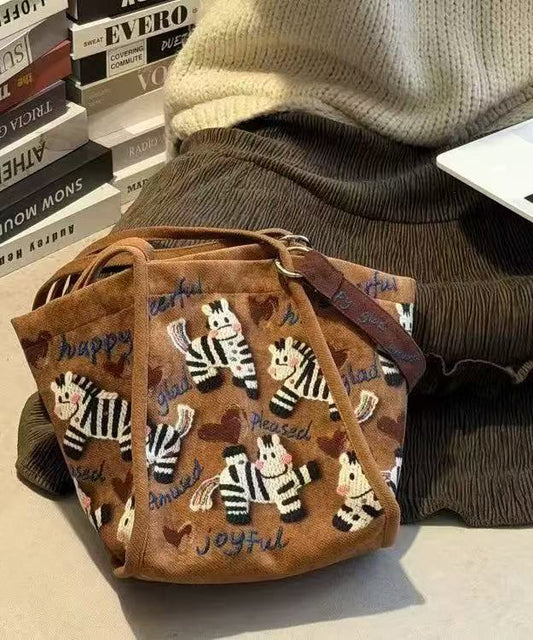 Retro Brown Little Zebra Appliqued Velour Shoulder Bags