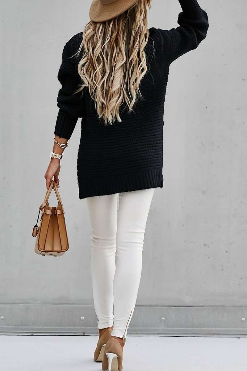 Round Neck Side Slit Casual Sweater
