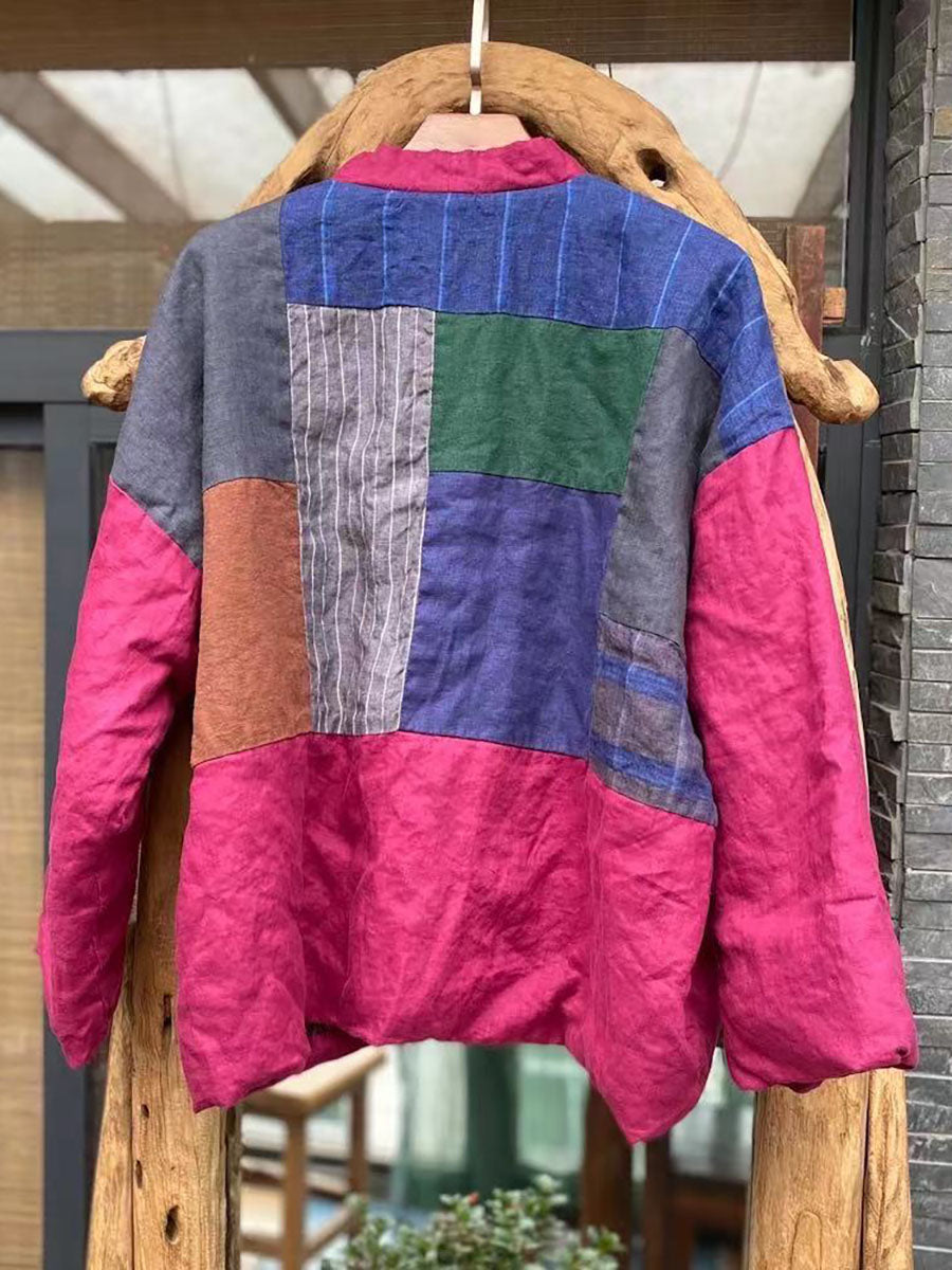 Women Vintage Spliced Button 100%Linen Padded Coat