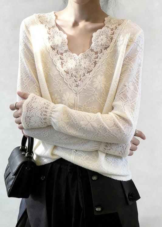 Women White V Neck Patchwork Jacquard Lace Shirt Tops Spring