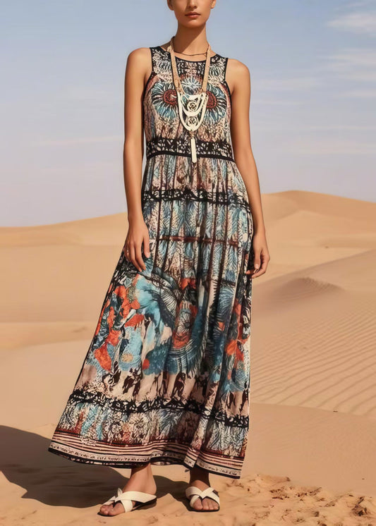 Vintage Black Print Cotton Long Dress Sleeveless