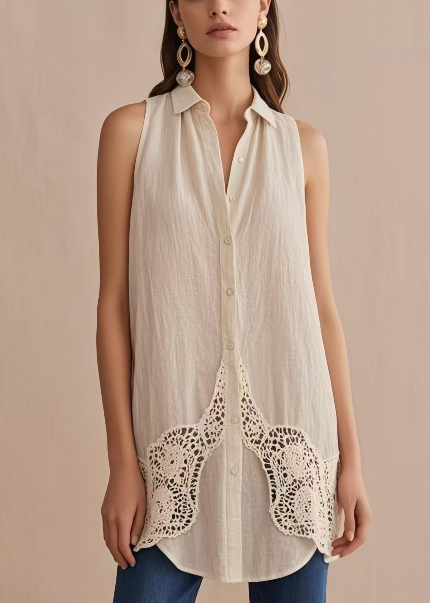 Women White Peter Pan Collar Patchwork Linen Shirts Sleeveless