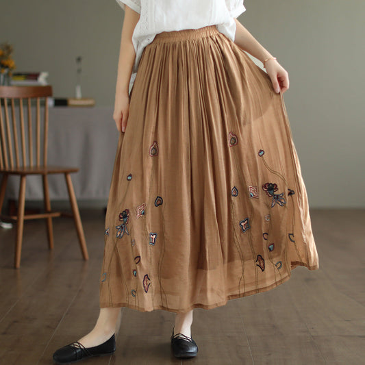Cozy Retro Floral Print Double-Layer Linen Skirt