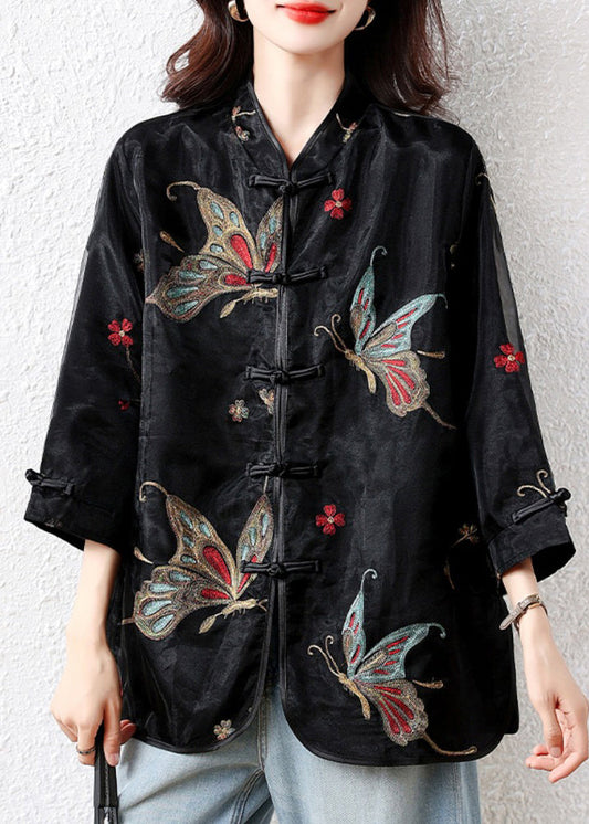 Handmade Black Embroidered Button Tulle Patchwork Silk Velour Blouses Fall