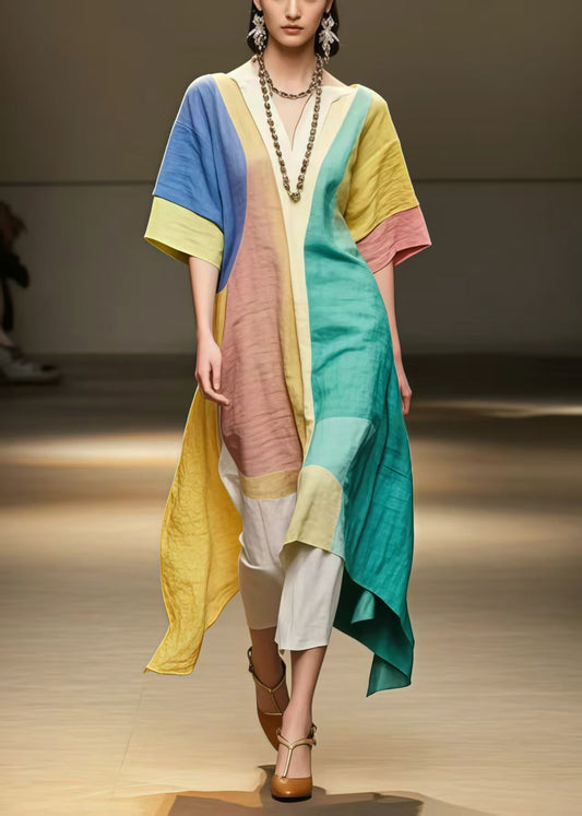 Fitted Polychrome Asymmetrical Patchwork Cotton A Line Dresses Summer