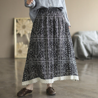 Retro Linen Print Cozy Loose Plus Size A-Line Trimmed Skirt