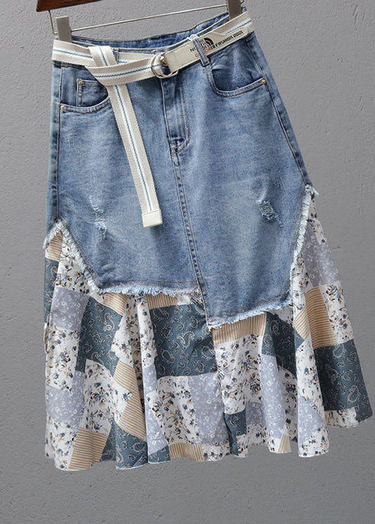 Fashion Denim Blue Print Patchwork High Waist Maxi Skirt Summer