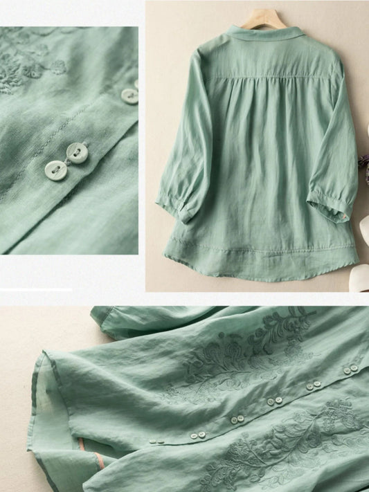 Embroidered 3/4 Sleeve Casual Linen Shirt Top