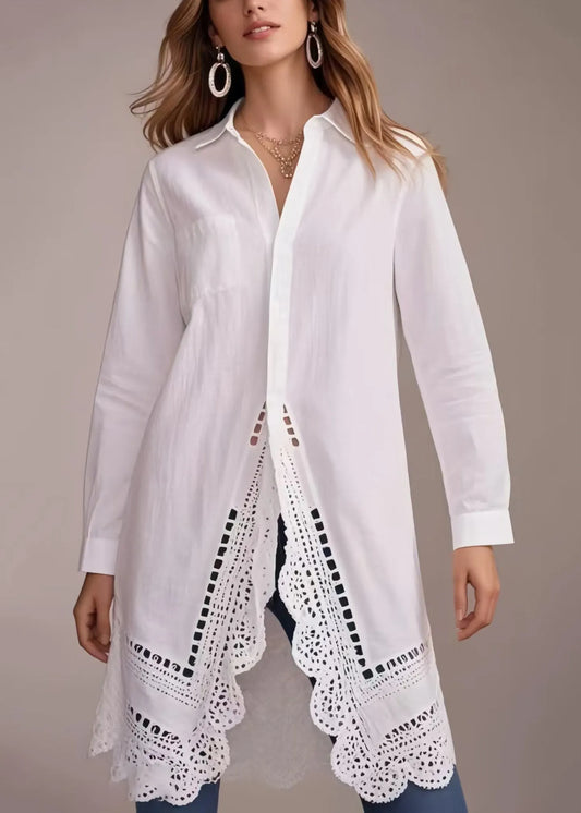 Plus Size White Oversized Hollow Out Cotton Long Shirts Spring