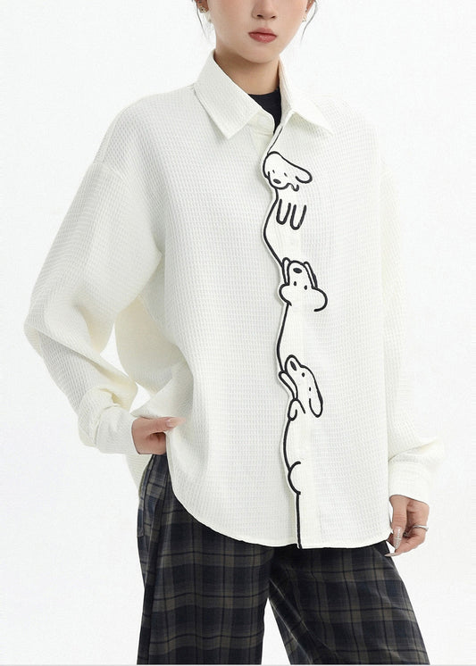 Casual White Cute Little Dog Embroidered Cotton Shirt Spring