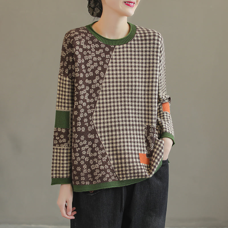 Women Retro Floral Plaid Knitted Sweater