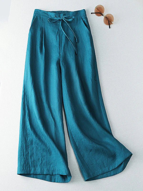 Loose Linen High Waist Solid Bowknot Wide Leg Pants