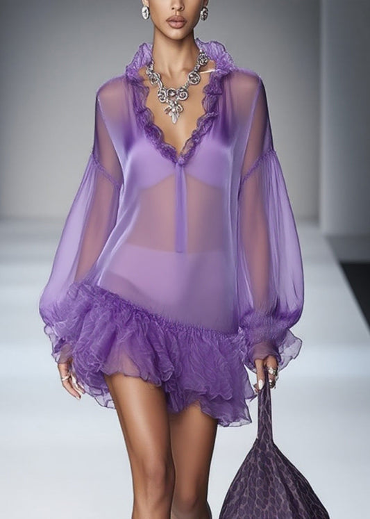 Beautiful Purple Ruffled Solid Tulle Mid Dress Spring