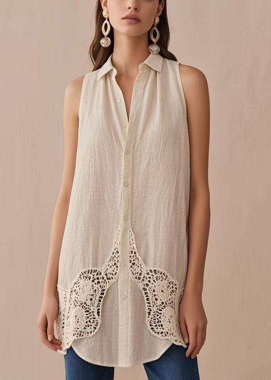 Women White Peter Pan Collar Patchwork Linen Shirts Sleeveless