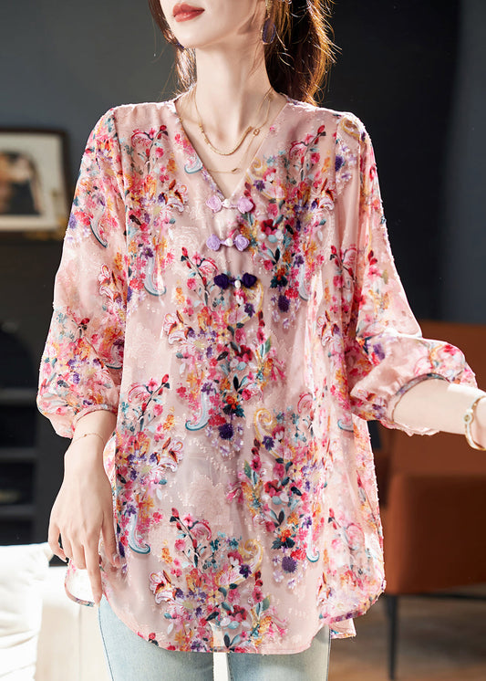 Beautiful Pink V Neck Print Chiffon Blouse Tops Bracelet Sleeve