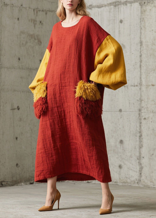 Vintage Red Oversized Patchwork Faux Fur Vacation Dress Lantern Sleeve
