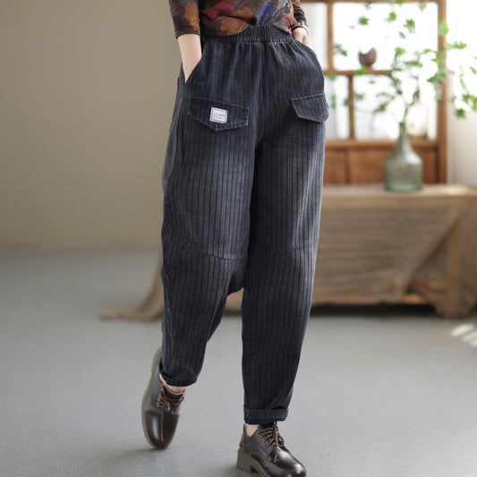 Women Summer Autumn Retro Stripe Cotton Jeans