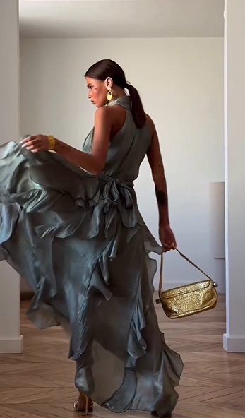 Dusty Green Halter Neck Tie Ruffle Tiered Maxi Dress | Luxury Elegant Drape Evening Gown