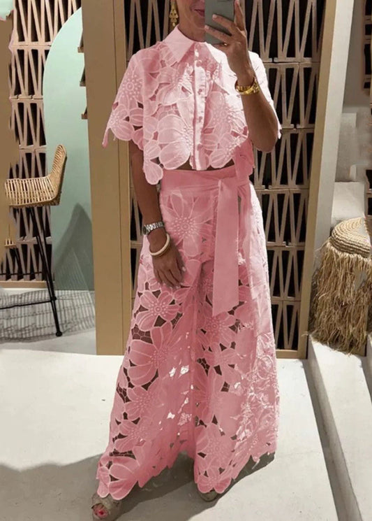 Chic White Hollow Out Shirts And Wide Leg Pants Two Pieces Set Short Sleeve