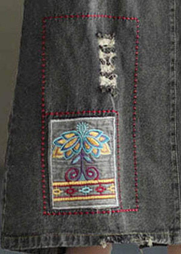 Fashion Black Side Open Embroideried Pockets Cotton Denim Ripped Skirt Cozy