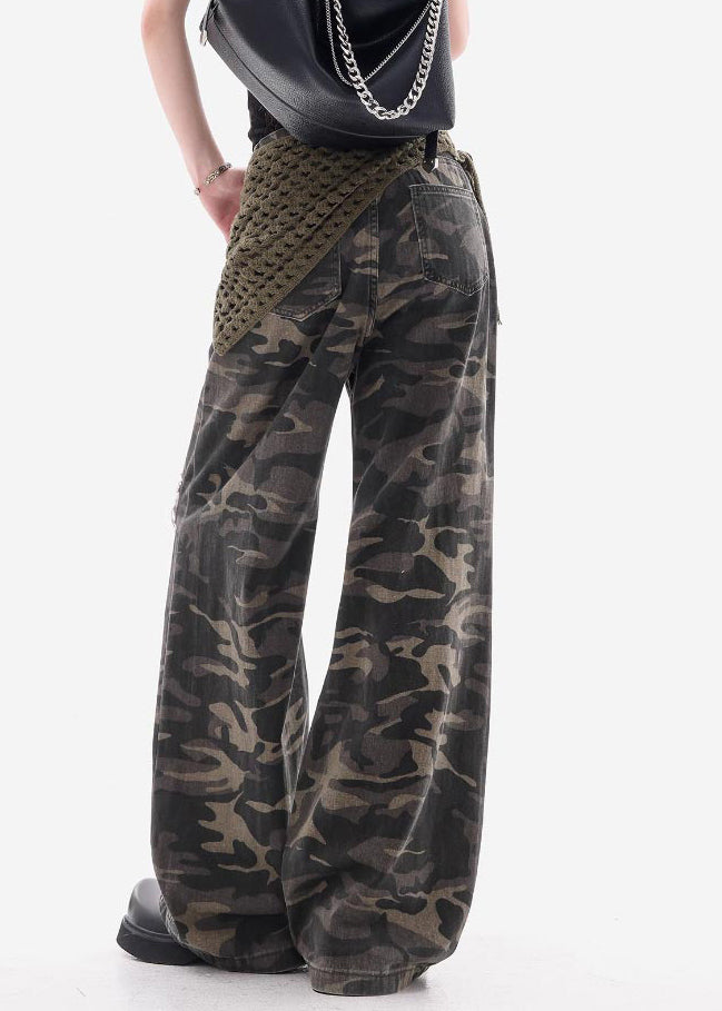 Vintage Camouflage Hole Pockets Patchwork Denim Pants Fall