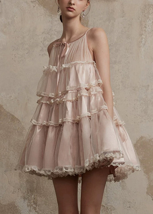 Style Pink O-Neck Ruffled Lace Patchwork Tulle Mid Dress Summer