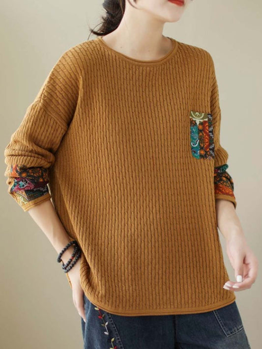 Women Autumn Artsy Knitted Patchwork Loose Sweater
