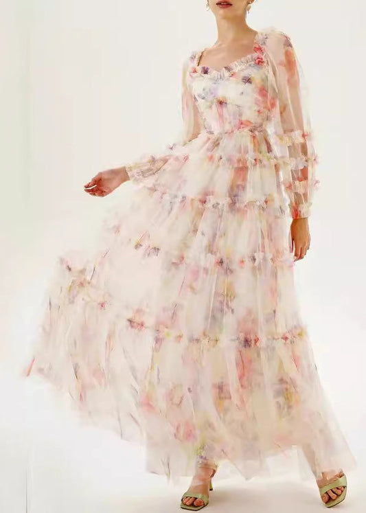 Women U Neck Ruffled Patchwork Tulle Long Dress Summer